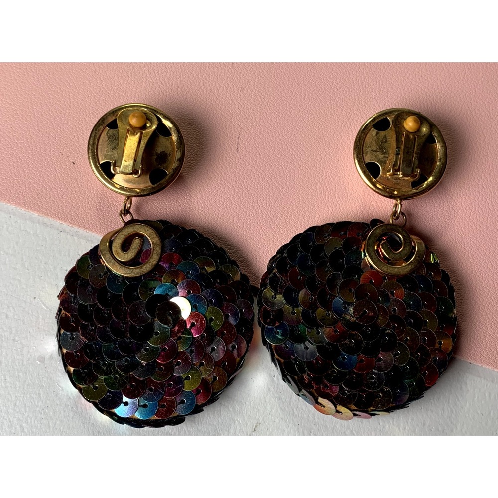 Vintage 90s Earrings Statement Womens Dangle Clip On Sequin Colorful Retro - Picture 10 of 12